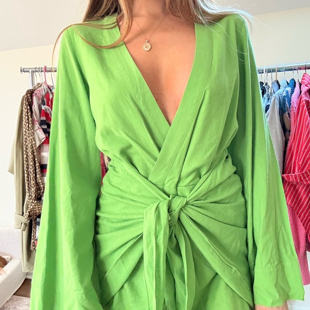 Lime Green Wrap Knot Mini Dress - Picture 2 of 3